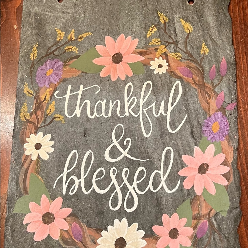 Thankful & Blessed Floral Slate Art